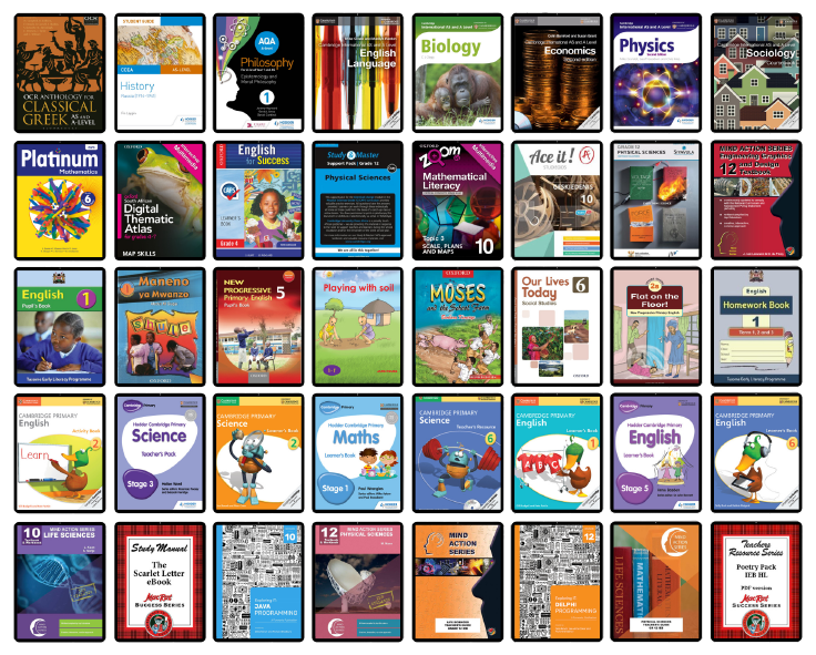 A grid of cover thumbnails showing 40 titles in the Snapplify e-textbook collection, across many subjects and curricula