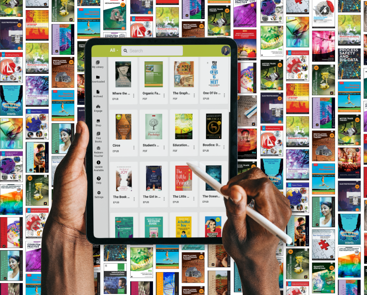 A person accessing ebooks via Snapplify using a tablet device, with a backdrop of many more ebooks