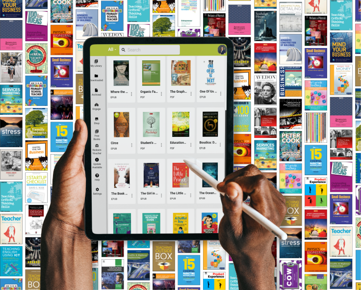 A person accessing ebooks via Snapplify using a tablet device, with a backdrop of many more ebooks